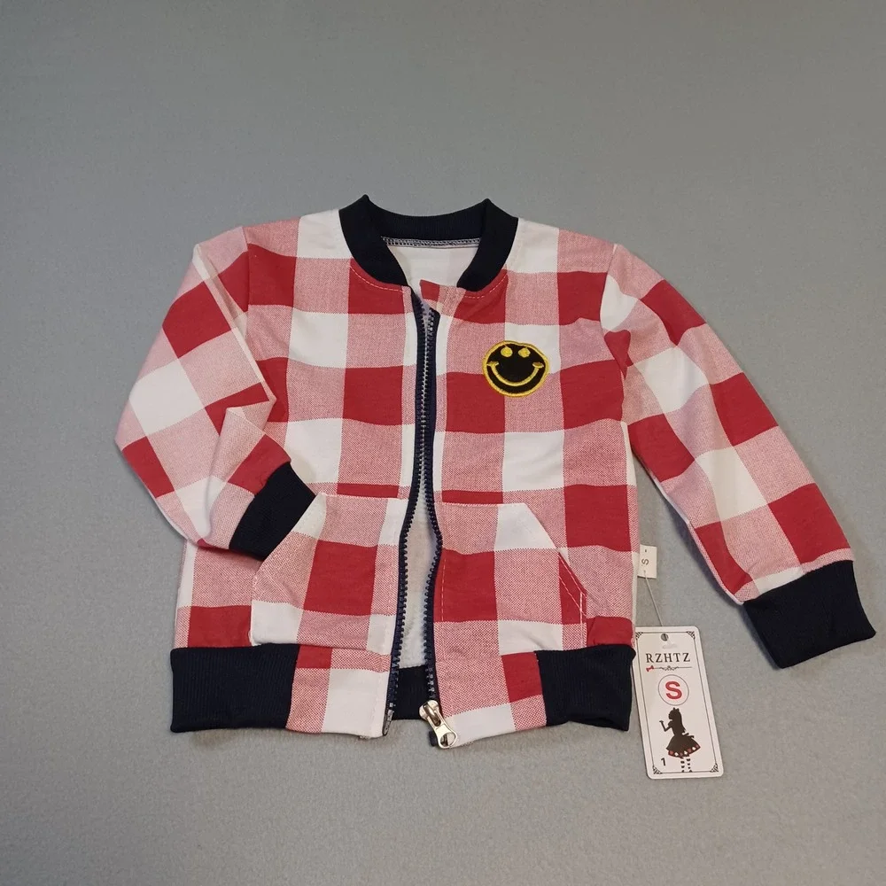 RZHTZ Kids Red Buffalo Plaid Smiley Face Bomber Jacket and Navy Pants Set Size S